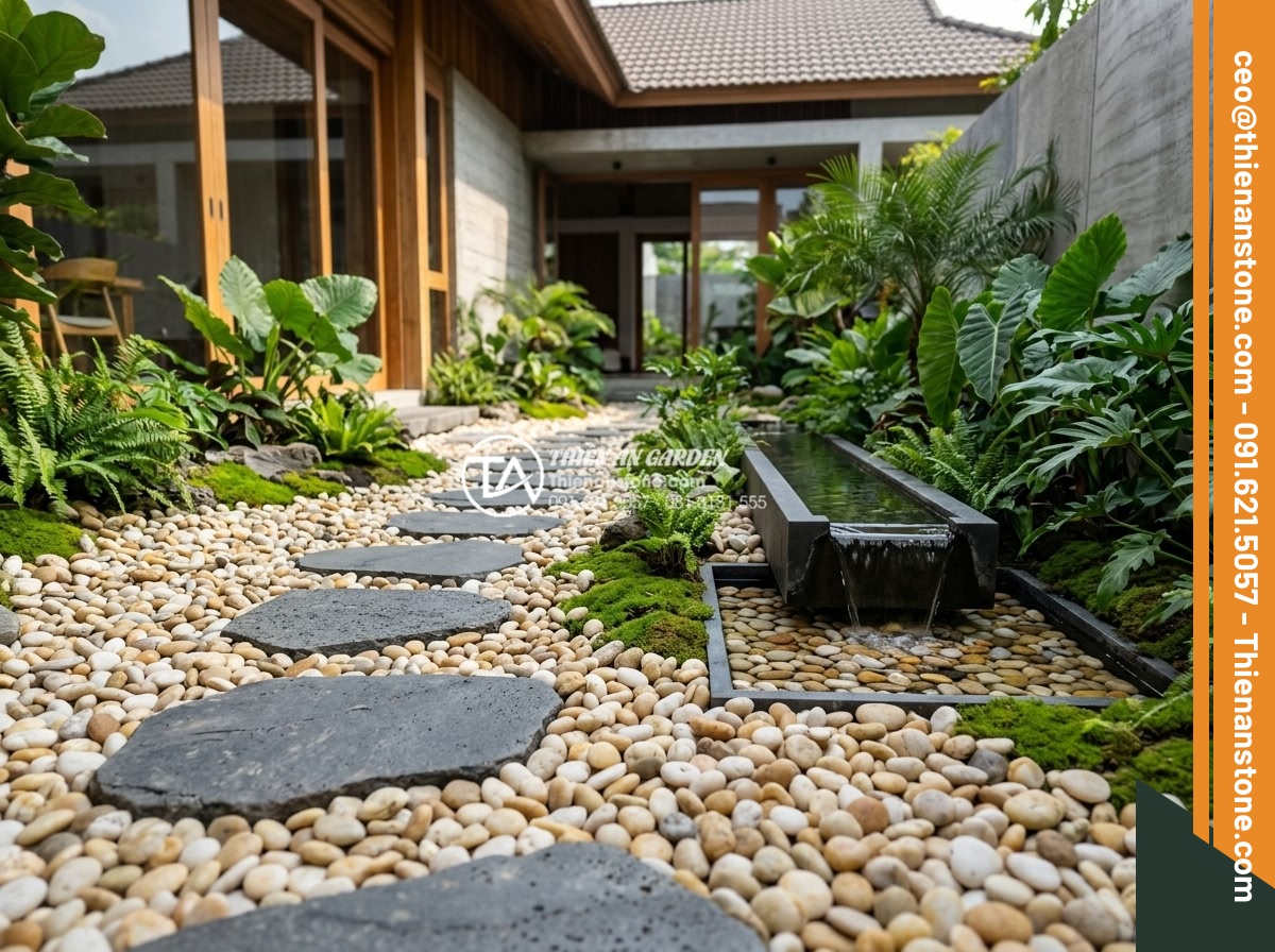 Hướng Dẫn Cách Rải Sỏi Sân Vườn Đúng Kỹ Thuật Không Bị Lún - Creative pebble garden design ideas featuring mixed stones, pathways and water f