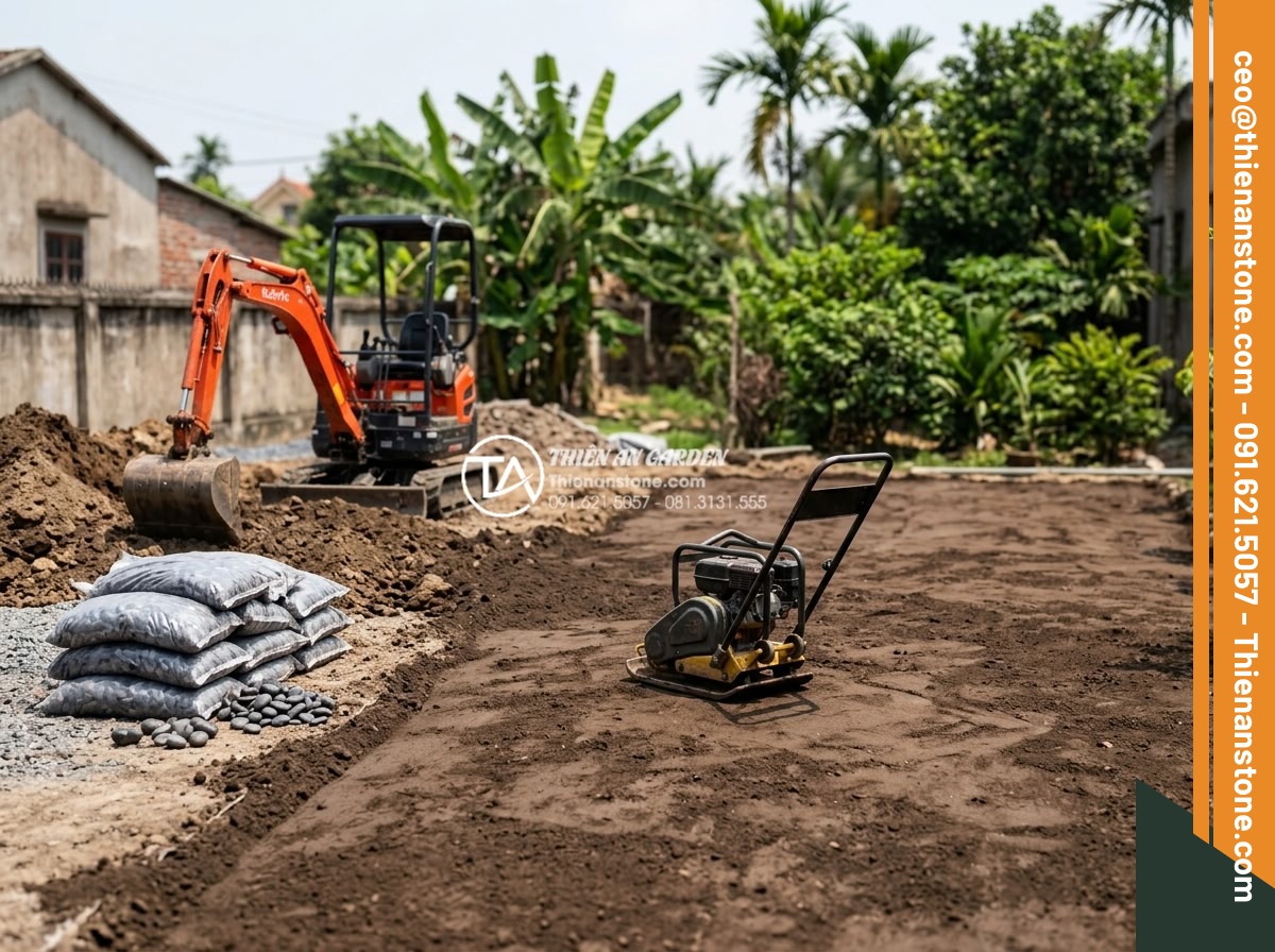 Hướng Dẫn Cách Rải Sỏi Sân Vườn Đúng Kỹ Thuật Không Bị Lún - Construction site preparation of garden soil base with excavation, leveling and 