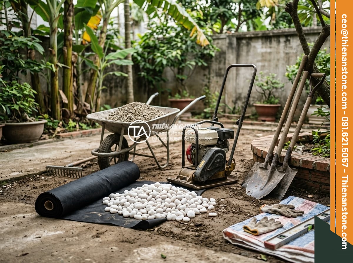 Hướng Dẫn Cách Rải Sỏi Sân Vườn Đúng Kỹ Thuật Không Bị Lún - Collection of landscaping tools and materials including geotextile fabric, grave