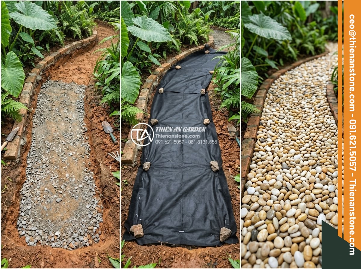 Hướng Dẫn Cách Rải Sỏi Sân Vườn Đúng Kỹ Thuật Không Bị Lún - Step-by-step process photos of spreading pebbles in garden showing base layer, g
