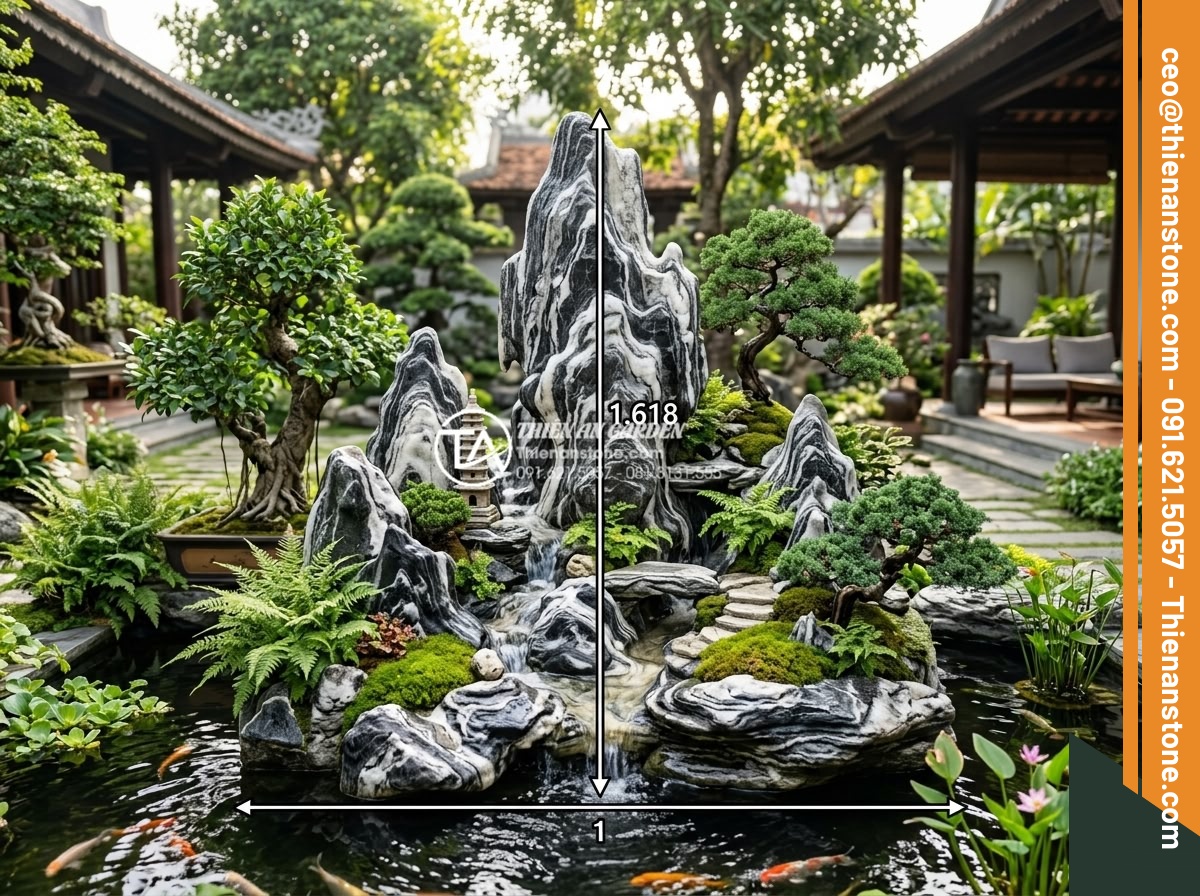 Hướng Dẫn Chọn Kích Thước Đá Làm Non Bộ Theo Tỷ Lệ Vàng - Detailed professional photograph of a large traditional Vietnamese hòn non bộ ro