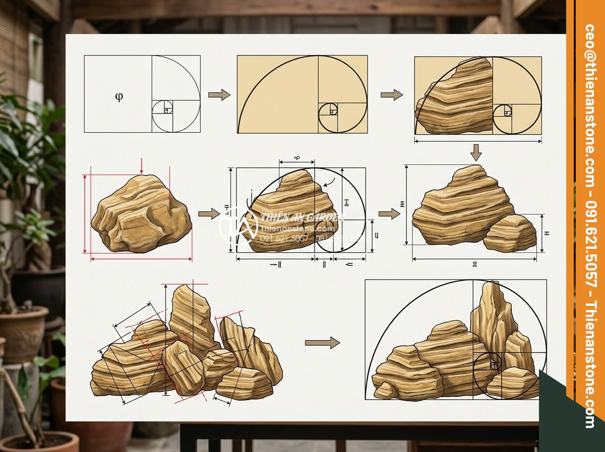 Hướng Dẫn Chọn Kích Thước Đá Làm Non Bộ Theo Tỷ Lệ Vàng - Architectural diagram explaining the mathematical golden ratio applied step-by-s