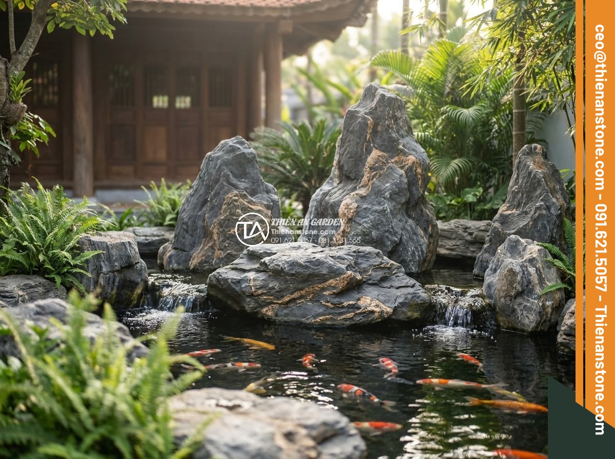 Hướng Dẫn Xếp Đá Hồ Cá Koi Đẹp Theo Phong Thủy – Iwagumi Style - Serene Iwagumi style Koi pond in a Vietnamese luxury villa backyard featuring la