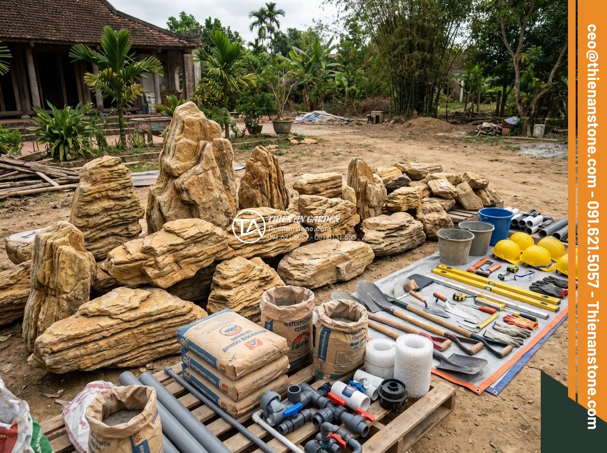 Hướng Dẫn Xếp Đá Hồ Cá Koi Đẹp Theo Phong Thủy – Iwagumi Style - Complete material preparation for Iwagumi Koi pond project including large natur