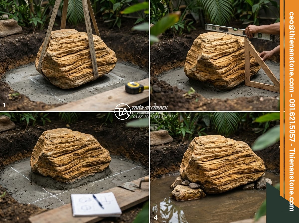 Hướng Dẫn Xếp Đá Hồ Cá Koi Đẹp Theo Phong Thủy – Iwagumi Style - Step by step Iwagumi Koi pond rock placement tutorial showing first main stone O