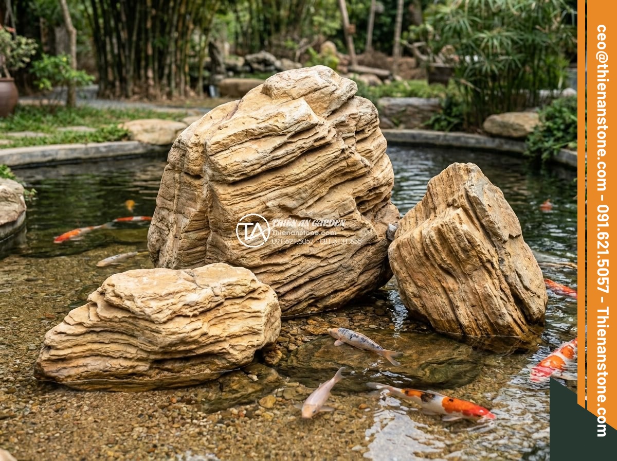Hướng Dẫn Xếp Đá Hồ Cá Koi Đẹp Theo Phong Thủy – Iwagumi Style - Completed Iwagumi stone arrangement in Koi pond with all three main rocks placed