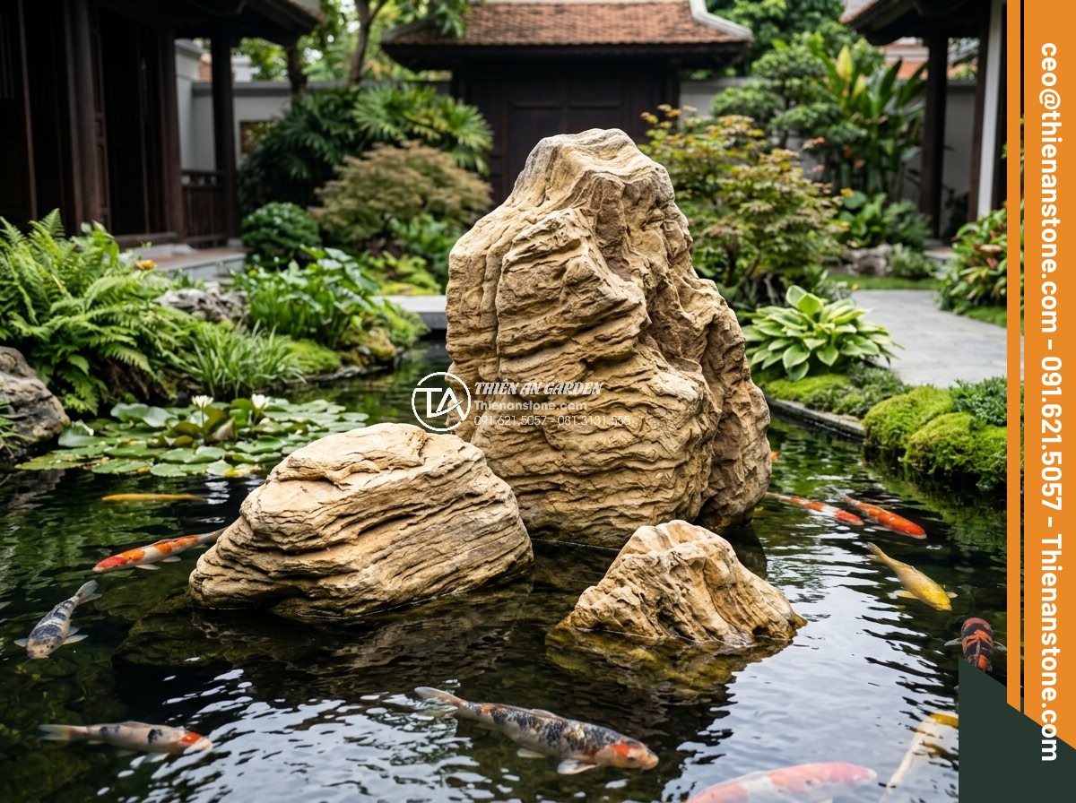 Hướng Dẫn Xếp Đá Hồ Cá Koi Đẹp Theo Phong Thủy – Iwagumi Style - Popular triangular Iwagumi Koi pond layout with three perfectly balanced stones,