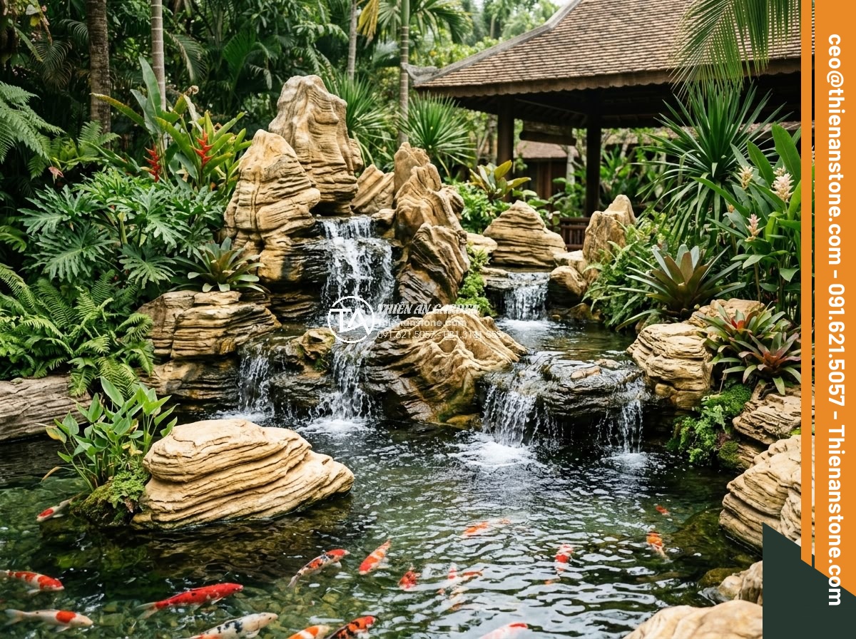 Hướng Dẫn Xếp Đá Hồ Cá Koi Đẹp Theo Phong Thủy – Iwagumi Style - Multi-tiered waterfall Iwagumi style Koi pond with cascading water over natural 