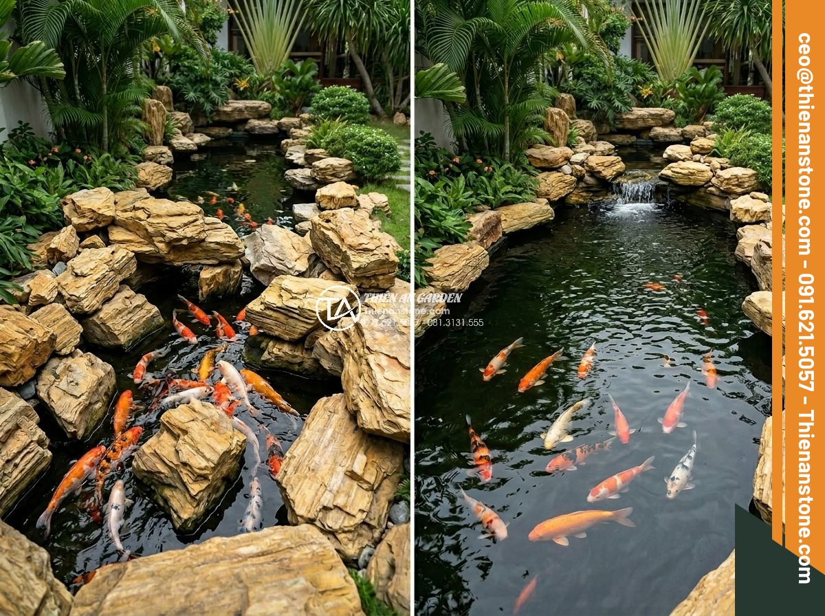 Hướng Dẫn Xếp Đá Hồ Cá Koi Đẹp Theo Phong Thủy – Iwagumi Style - Common mistakes in Koi pond stone arrangement showing overcrowded rocks blocking