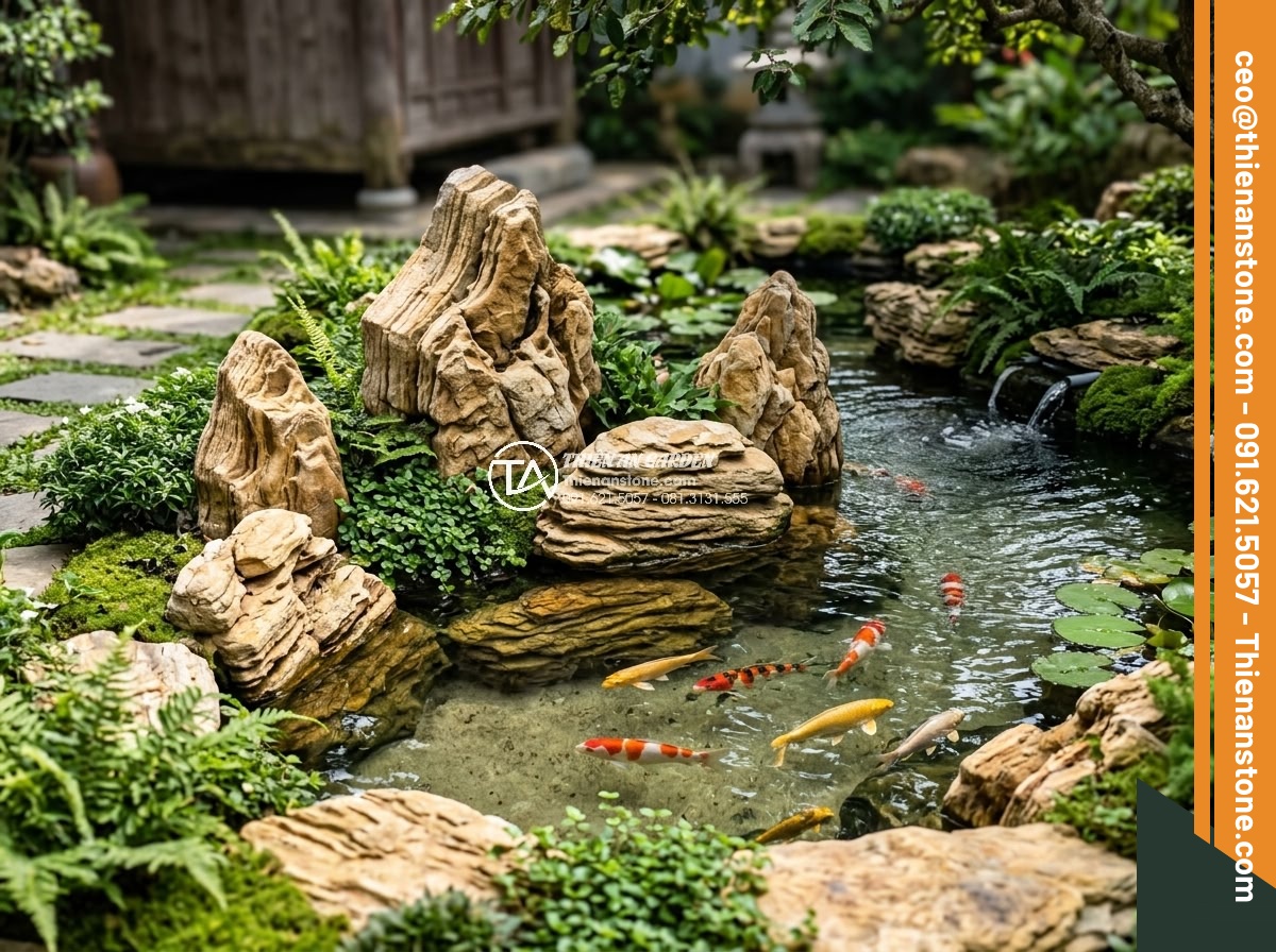 Hướng Dẫn Xếp Đá Hồ Cá Koi Đẹp Theo Phong Thủy – Iwagumi Style - Corrected professional Iwagumi Koi pond after fixing mistakes, balanced stone pl