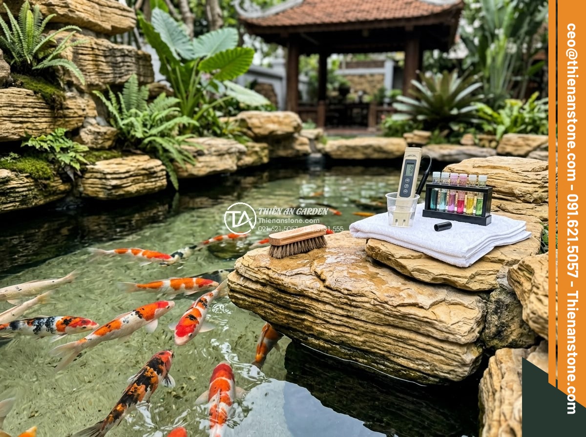 Hướng Dẫn Xếp Đá Hồ Cá Koi Đẹp Theo Phong Thủy – Iwagumi Style - Professional Koi pond maintenance service showing technician cleaning natural st