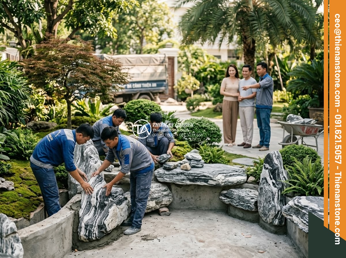 Hướng Dẫn Xếp Đá Hồ Cá Koi Đẹp Theo Phong Thủy – Iwagumi Style - Professional team from Da Canh Thien An stone company at work on luxury Koi pond
