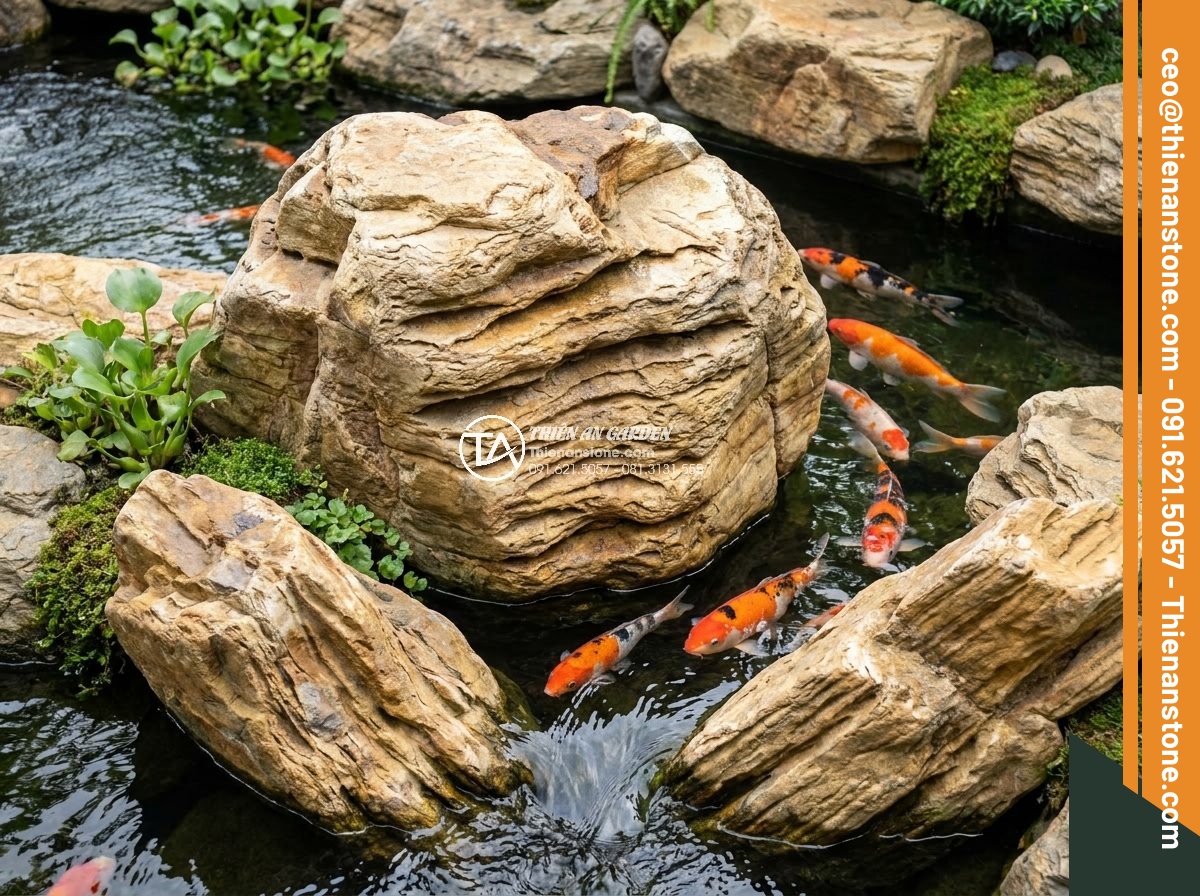 Hướng Dẫn Xếp Đá Hồ Cá Koi Đẹp Theo Phong Thủy – Iwagumi Style - Close-up view of professional Iwagumi rock arrangement in Koi fish pond showing 