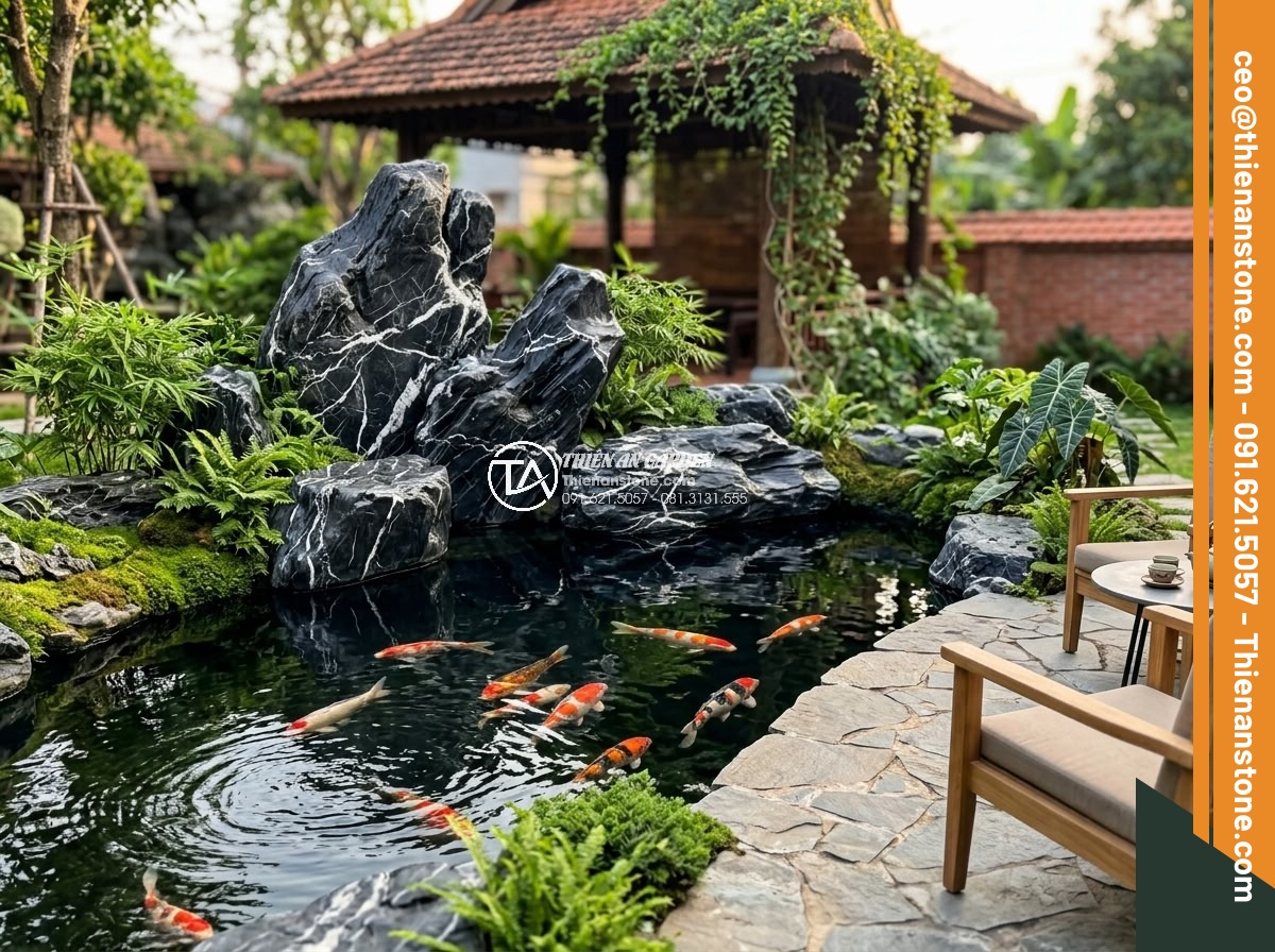 Hướng Dẫn Xếp Đá Hồ Cá Koi Đẹp Theo Phong Thủy – Iwagumi Style - Beautiful final result of complete Koi pond project by Thien An Stone company fe