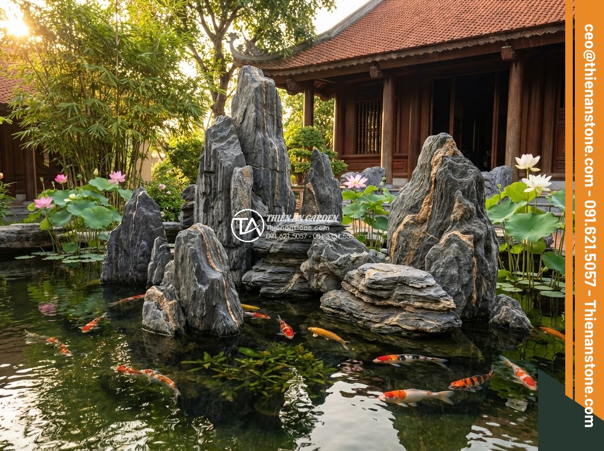 Hướng Dẫn Xếp Đá Hồ Cá Koi Đẹp Theo Phong Thủy – Iwagumi Style - Beautiful Feng Shui Koi pond with Iwagumi stone arrangement showing balanced roc