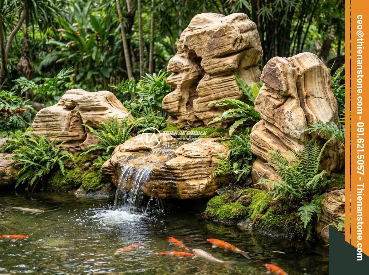 Hướng Dẫn Xếp Đá Hồ Cá Koi Đẹp Theo Phong Thủy – Iwagumi Style - Detailed view of Feng Shui compliant Koi pond stone layout with three main rocks