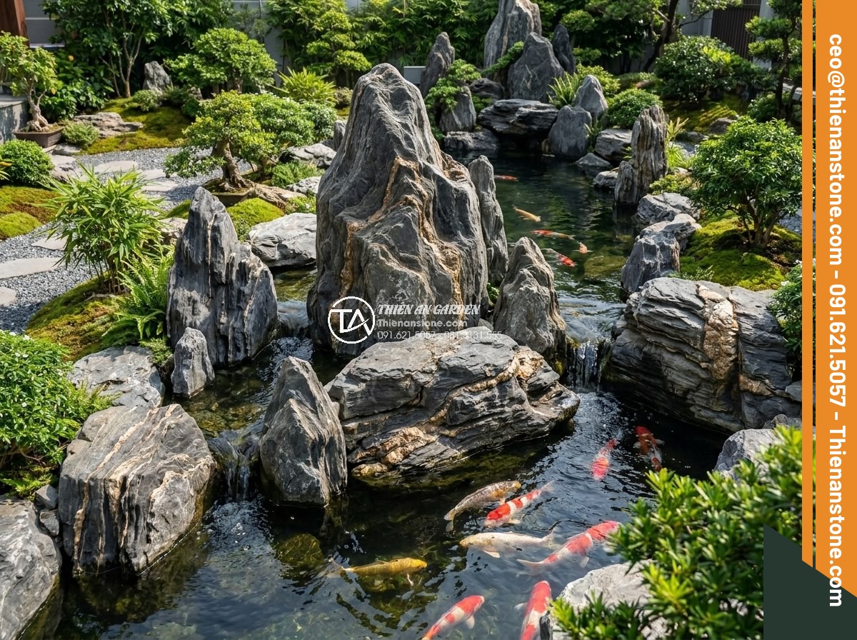 Hướng Dẫn Xếp Đá Hồ Cá Koi Đẹp Theo Phong Thủy – Iwagumi Style - Masterful Iwagumi style Koi pond construction showing precise rock placement wit