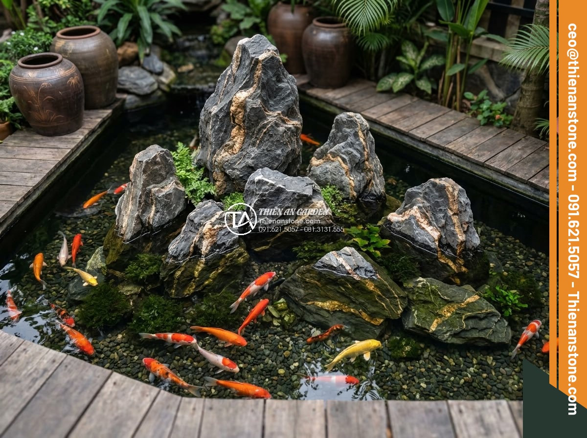 Hướng Dẫn Xếp Đá Hồ Cá Koi Đẹp Theo Phong Thủy – Iwagumi Style - Artistic overhead view of complete Iwagumi Koi pond design with natural stone ar