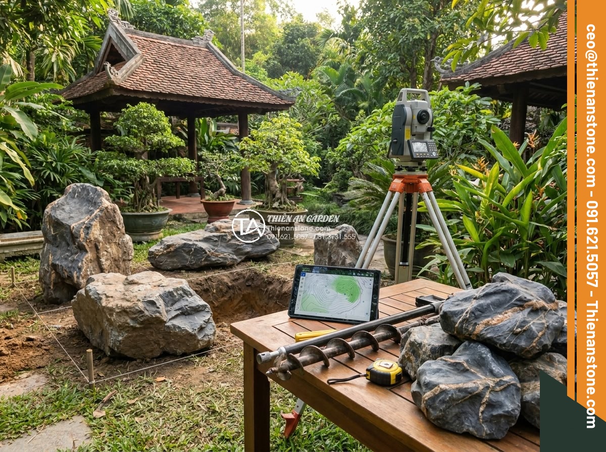 Hướng Dẫn Xếp Đá Hồ Cá Koi Đẹp Theo Phong Thủy – Iwagumi Style - Professional site survey for Koi pond construction showing engineers measuring l