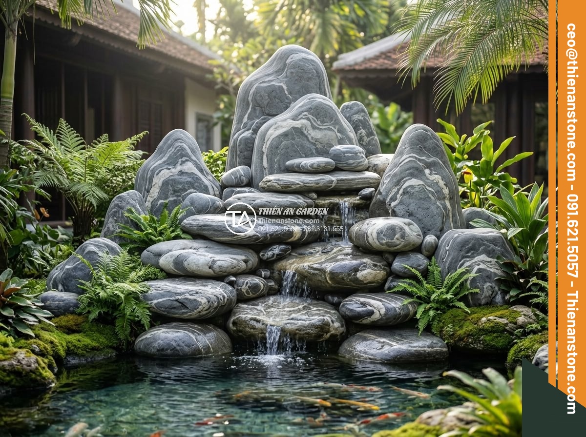 Khám Phá Các Mẫu Hòn Non Bộ Đá Cuội Tự Nhiên Đẹp Nhất - Highly detailed realistic photograph of a large natural pebble stone non-bo in a