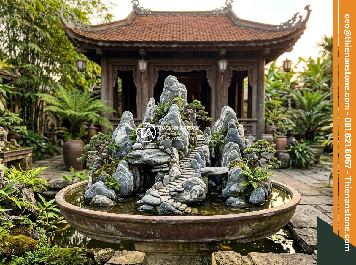 Khám Phá Các Mẫu Hòn Non Bộ Đá Cuội Tự Nhiên Đẹp Nhất - Realistic high-resolution image of an ancient-inspired Vietnamese non-bo made fr