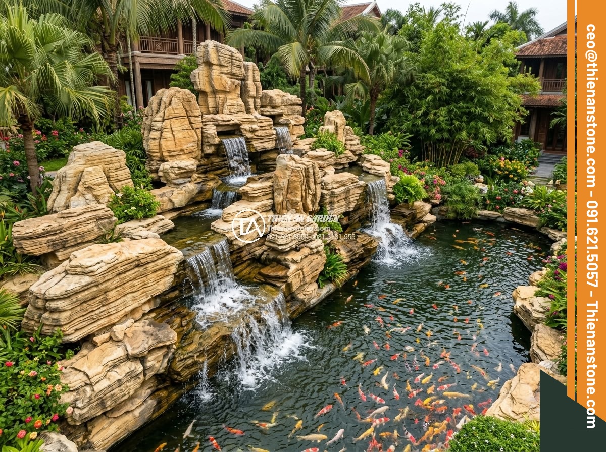 Khám Phá Các Mẫu Hòn Non Bộ Đá Cuội Tự Nhiên Đẹp Nhất - Professional landscape photo of a massive natural cobblestone non-bo with multip