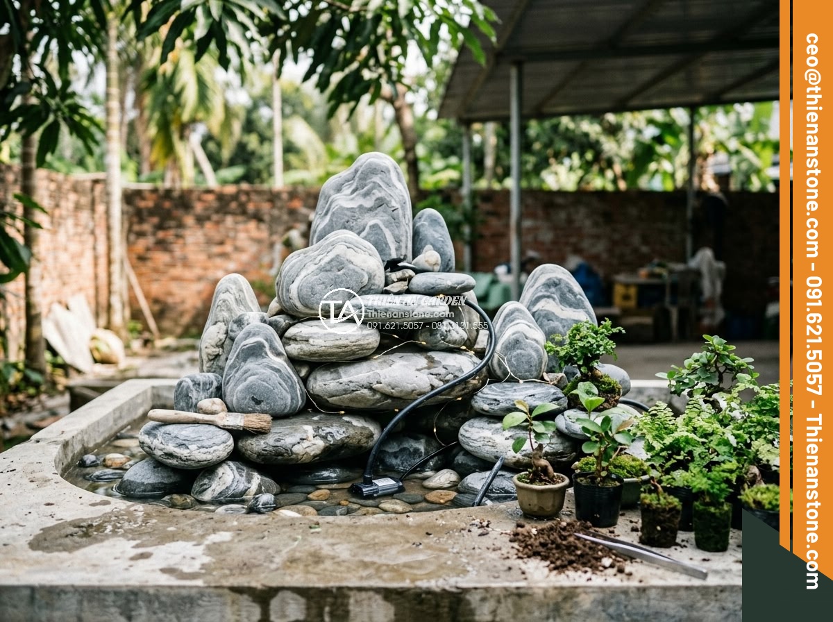 Khám Phá Các Mẫu Hòn Non Bộ Đá Cuội Tự Nhiên Đẹp Nhất - Step-by-step construction process photo of professional non-bo building using na