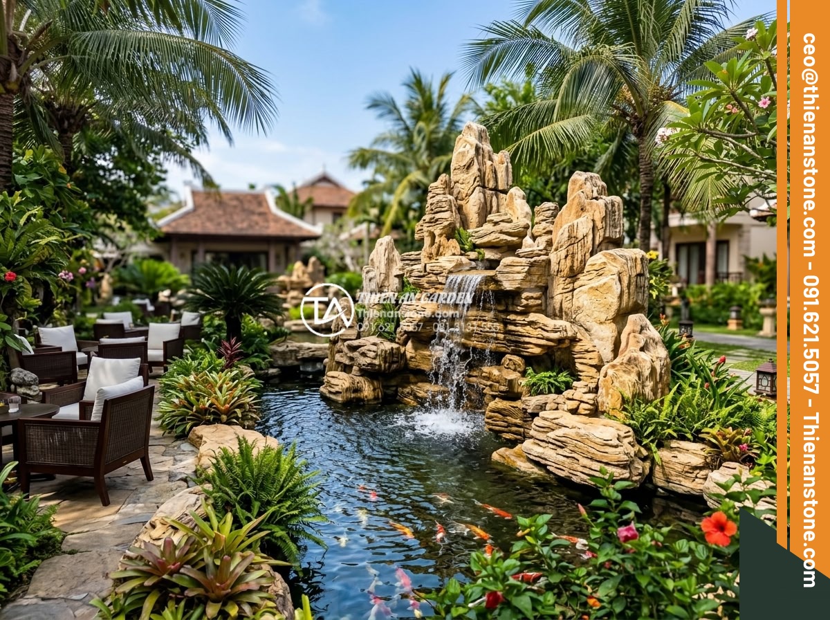 Khám Phá Các Mẫu Hòn Non Bộ Đá Cuội Tự Nhiên Đẹp Nhất - Wide angle realistic image of a luxury resort garden in Vietnam featuring a larg