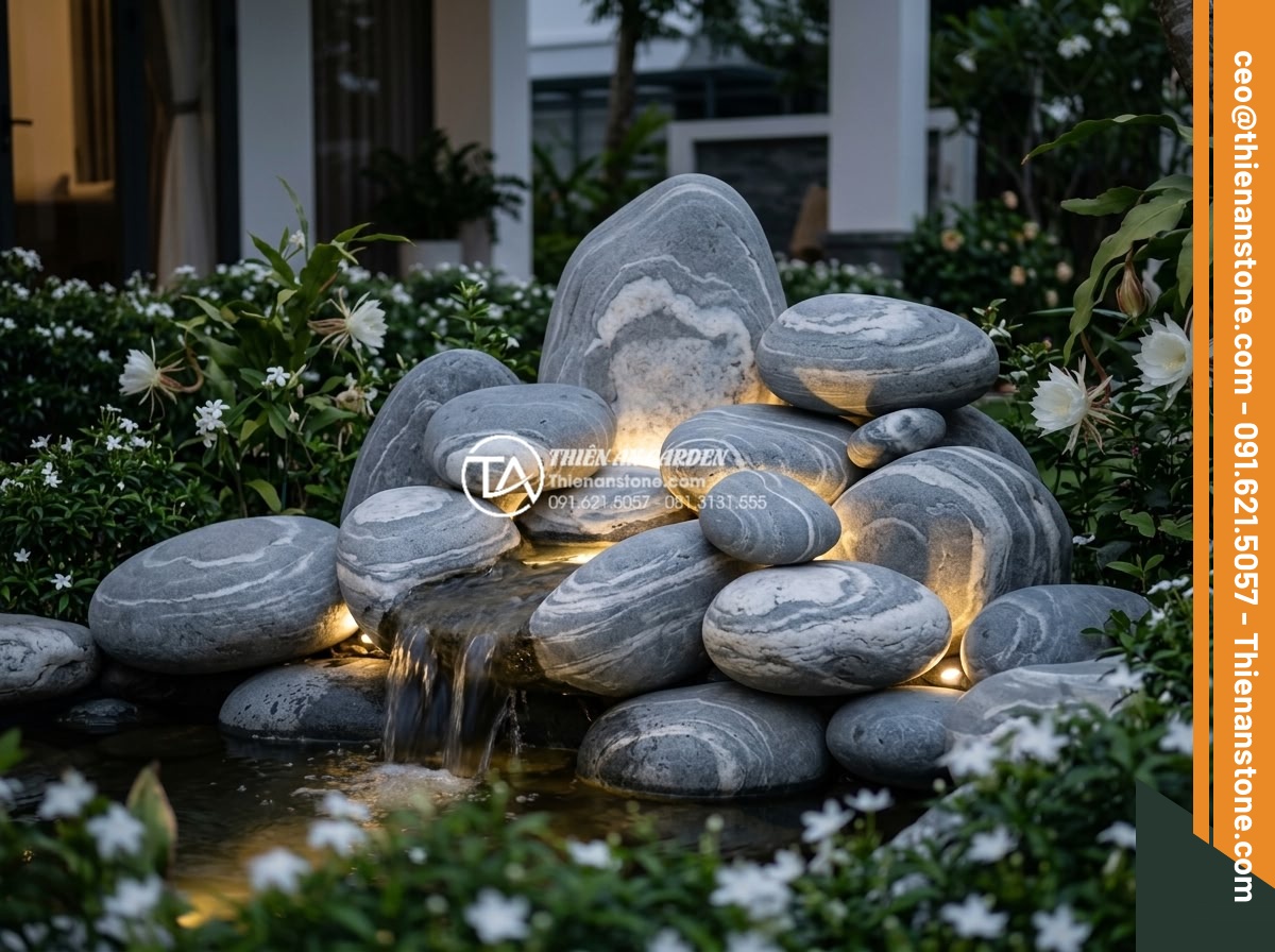Khám Phá Các Mẫu Hòn Non Bộ Đá Cuội Tự Nhiên Đẹp Nhất - Serene evening photograph of a beautifully lit natural pebble non-bo in a privat