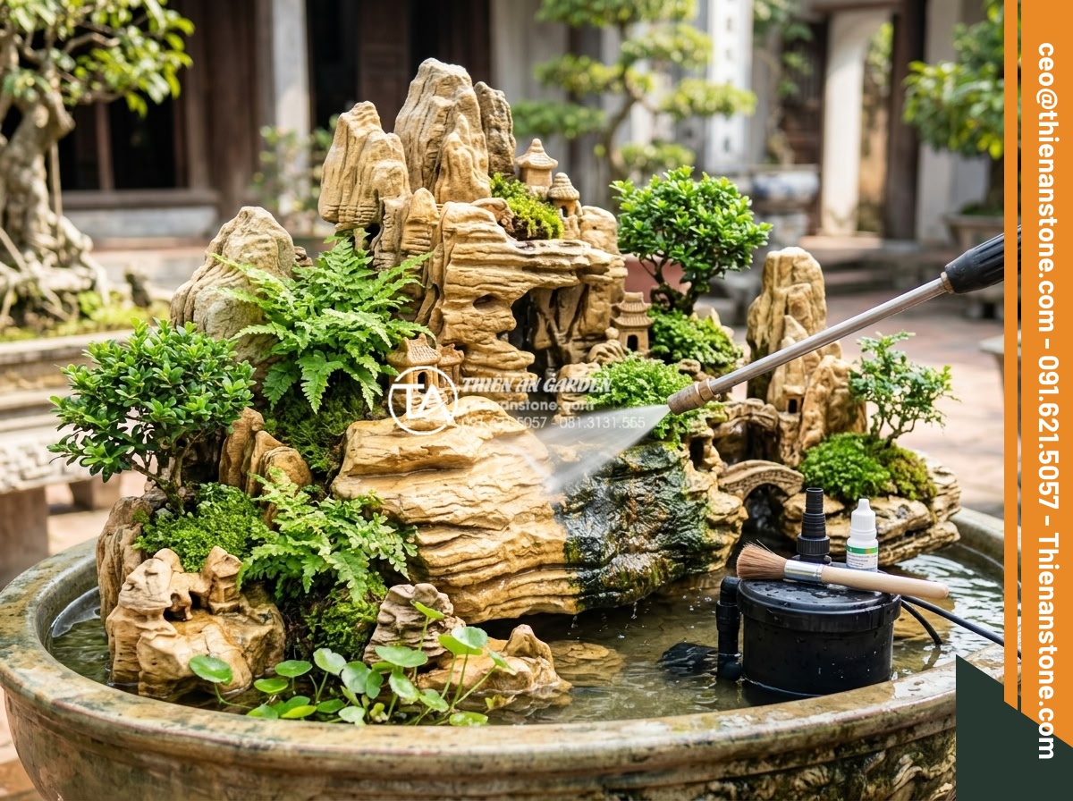 Khám Phá Các Mẫu Hòn Non Bộ Đá Cuội Tự Nhiên Đẹp Nhất - Detailed maintenance scene showing professional cleaning of a natural cobbleston
