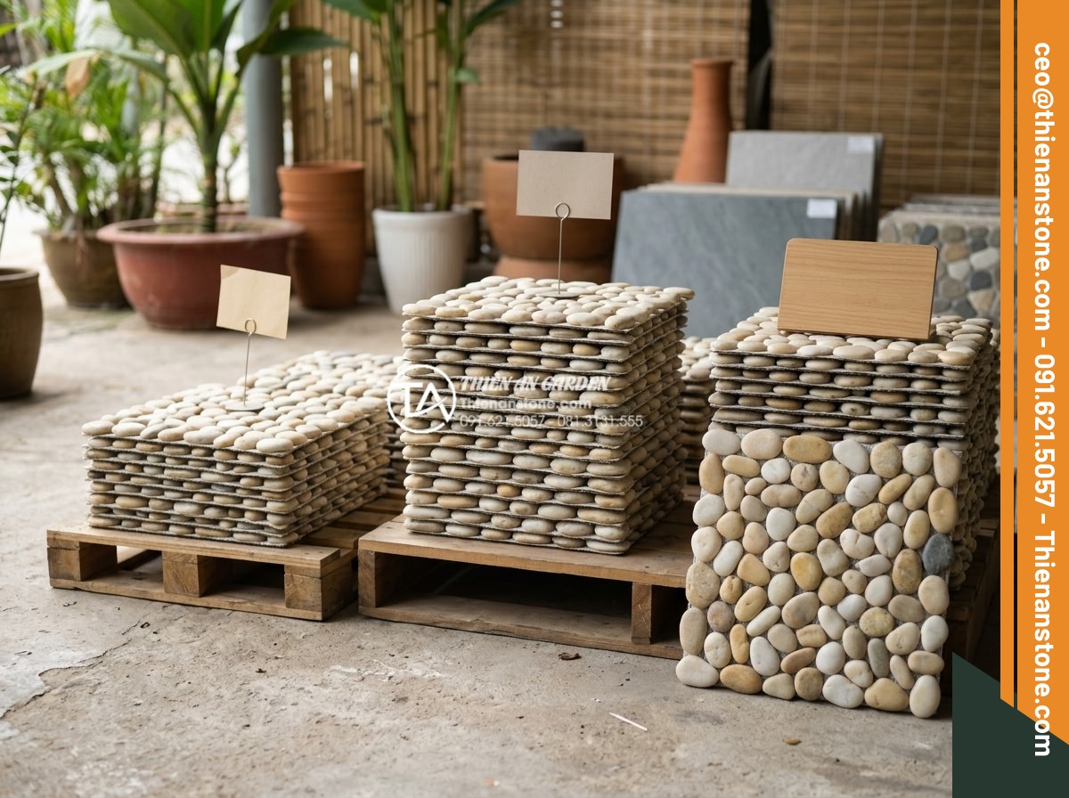 Kinh Nghiệm Chọn Gạch Sỏi Lát Sân Chống Thấm Cho Ban Công - Hình 10 Kinh Nghiệm Chọn Gạch Sỏi Lát Sân Chống Thấm Cho Ban Công - Stack of various priced pebble floor tiles with price tags visible, professional