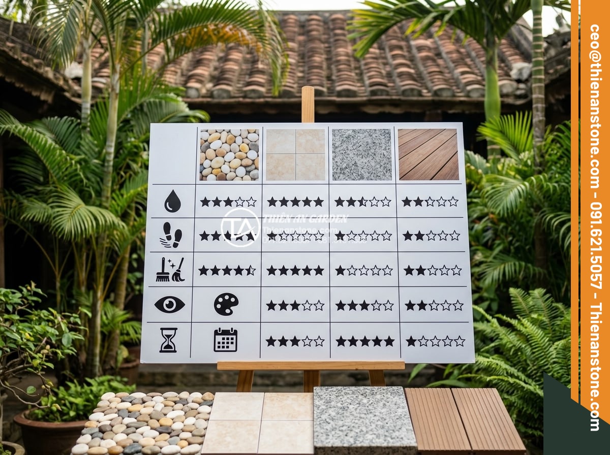 Kinh Nghiệm Chọn Gạch Sỏi Lát Sân Chống Thấm Cho Ban Công - Hình 15 Kinh Nghiệm Chọn Gạch Sỏi Lát Sân Chống Thấm Cho Ban Công - Comparative infographic showing pebble tiles vs ceramic tiles vs granite vs wood