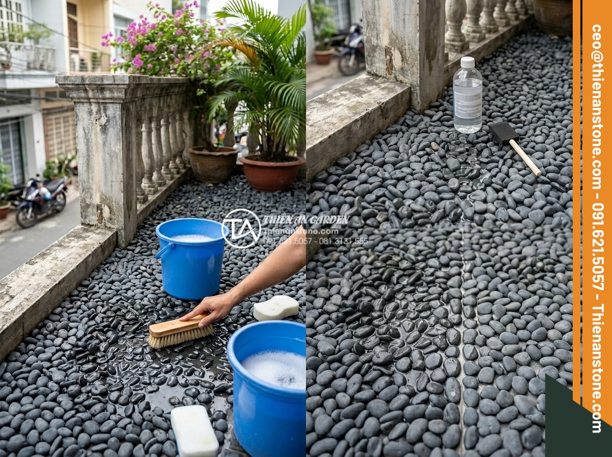 Kinh Nghiệm Chọn Gạch Sỏi Lát Sân Chống Thấm Cho Ban Công - Hình 17 Kinh Nghiệm Chọn Gạch Sỏi Lát Sân Chống Thấm Cho Ban Công - Maintenance tips illustration: cleaning pebble tiles with soft brush and water,