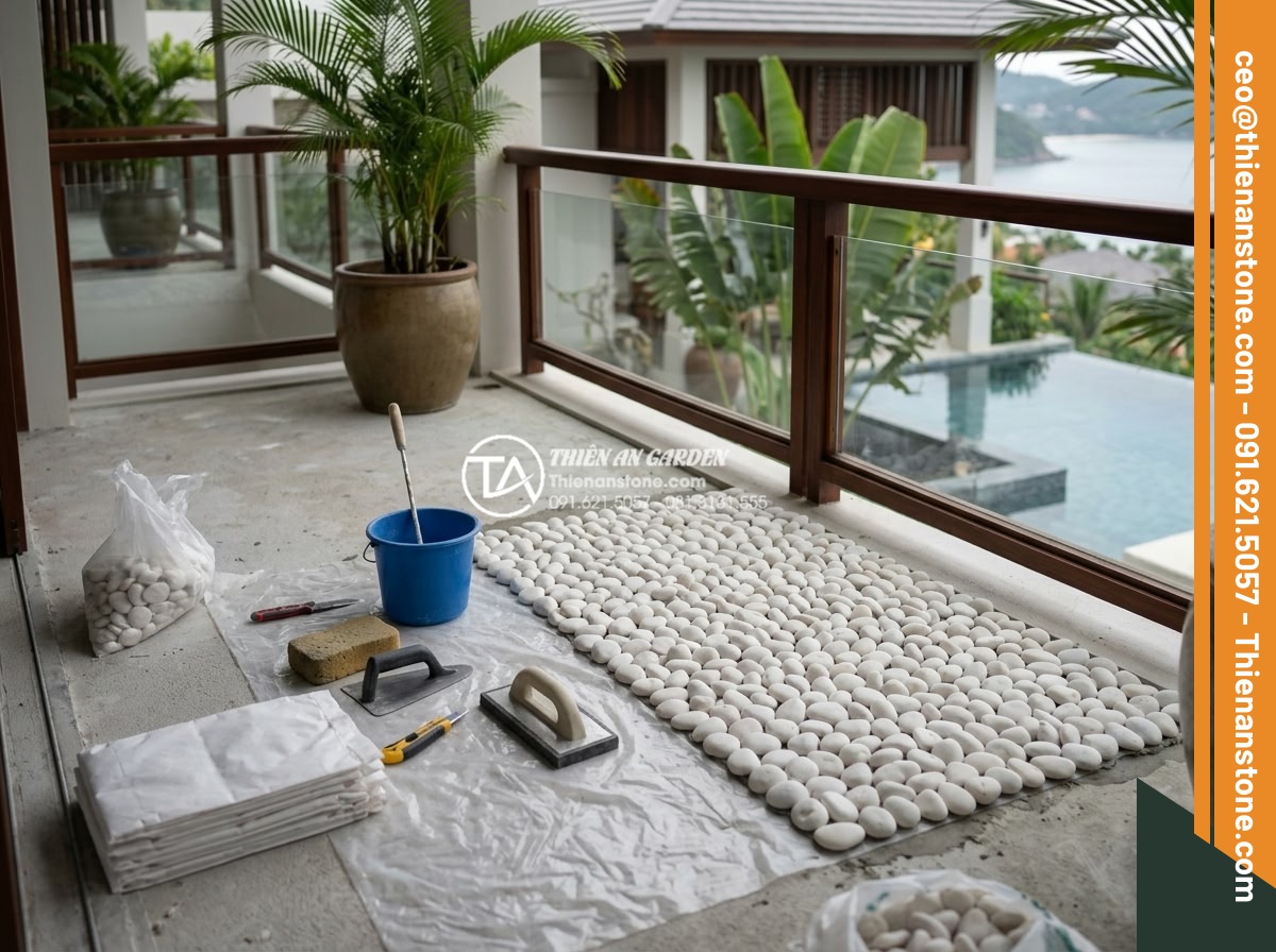 Kinh Nghiệm Chọn Gạch Sỏi Lát Sân Chống Thấm Cho Ban Công - Hình 19 Kinh Nghiệm Chọn Gạch Sỏi Lát Sân Chống Thấm Cho Ban Công - Professional team from Da Canh Thien An installing premium pebble tiles on luxur