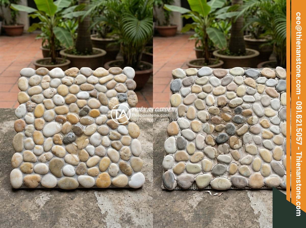 Kinh Nghiệm Chọn Gạch Sỏi Lát Sân Chống Thấm Cho Ban Công - Hình 7 Kinh Nghiệm Chọn Gạch Sỏi Lát Sân Chống Thấm Cho Ban Công - Side by side comparison: high quality pebble tile vs low quality fake pebble til