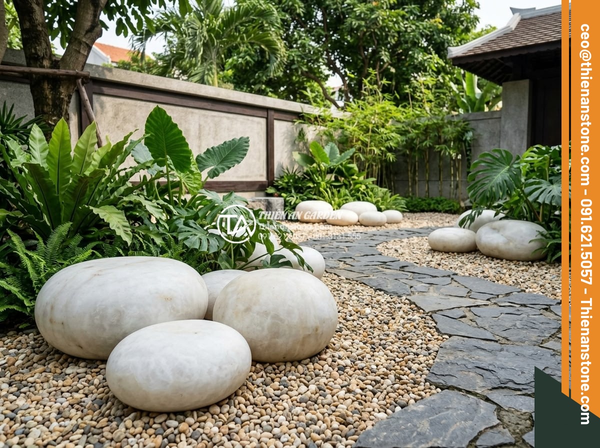 Kỹ Thuật Kết Hợp Đá Cuội Lớn Và Sỏi Rải Sân Vườn Cực Đẹp - Detailed landscape view of a modern Vietnamese garden featuring massive smooth l