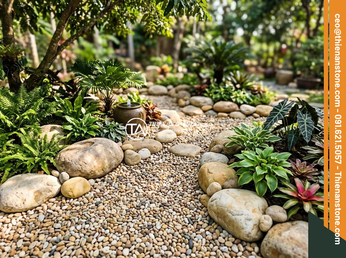Kỹ Thuật Kết Hợp Đá Cuội Lớn Và Sỏi Rải Sân Vườn Cực Đẹp - Artistic garden design showing perfect harmony between oversized river stones an
