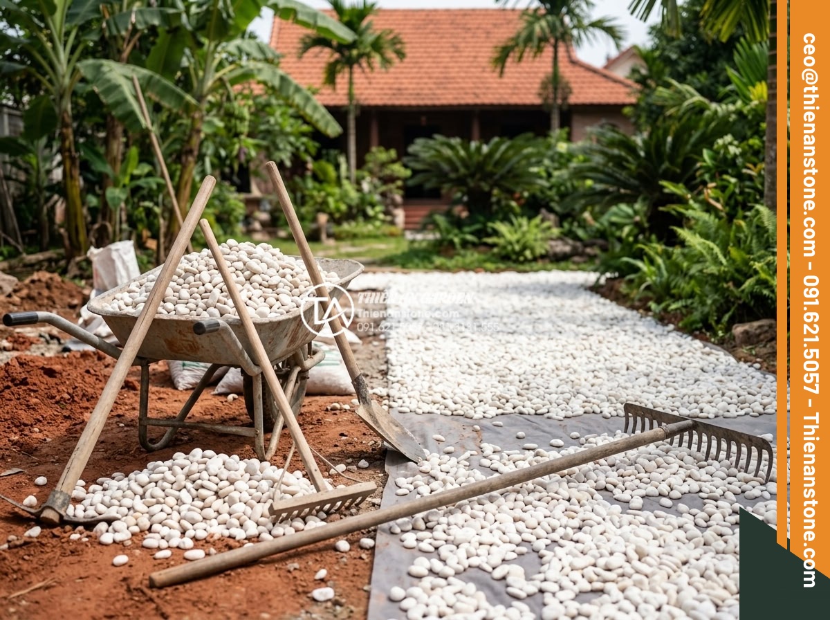 Kỹ Thuật Kết Hợp Đá Cuội Lớn Và Sỏi Rải Sân Vườn Cực Đẹp - Step by step professional construction process of spreading large pebbles and ga