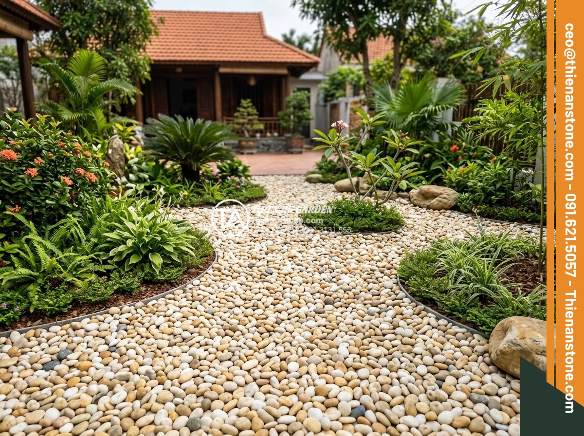 Kỹ Thuật Kết Hợp Đá Cuội Lớn Và Sỏi Rải Sân Vườn Cực Đẹp - Completed professional installation of pebble and gravel garden showing finished