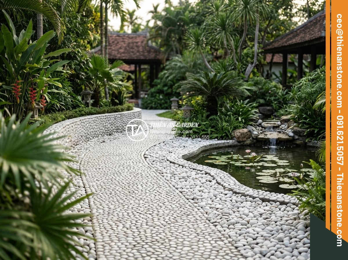 Kỹ Thuật Kết Hợp Đá Cuội Lớn Và Sỏi Rải Sân Vườn Cực Đẹp - Elegant resort garden featuring combined stone techniques in beautiful natural s
