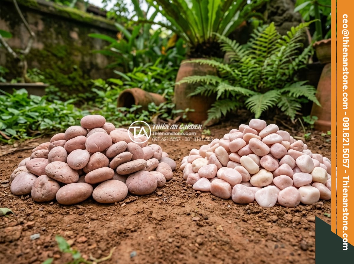 Kỹ Thuật Kết Hợp Đá Cuội Lớn Và Sỏi Rải Sân Vườn Cực Đẹp - Side by side comparison of natural gravel versus artificial pebbles showing text