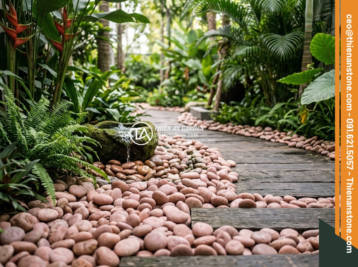 Kỹ Thuật Kết Hợp Đá Cuội Lớn Và Sỏi Rải Sân Vườn Cực Đẹp - Realistic view of natural stone materials preferred over artificial in high-end 