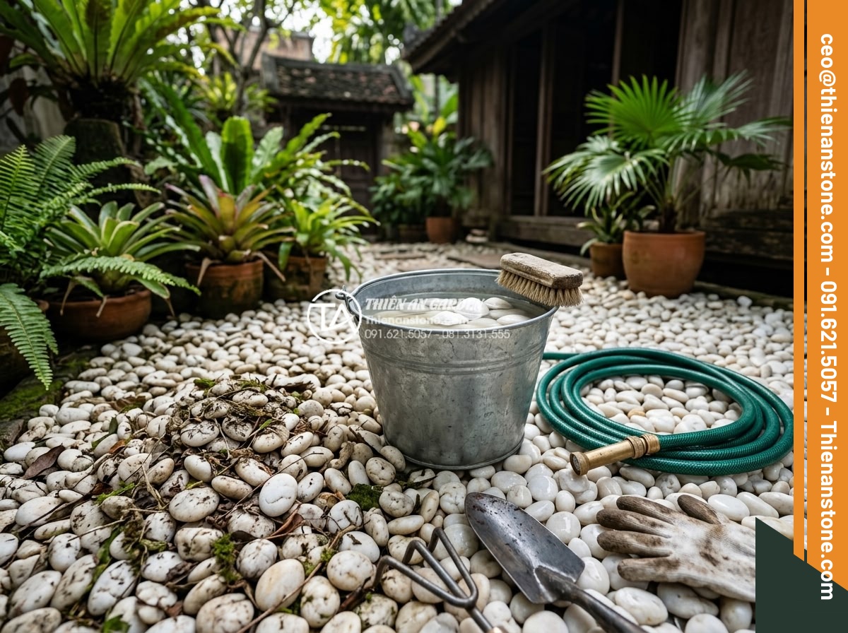 Kỹ Thuật Kết Hợp Đá Cuội Lớn Và Sỏi Rải Sân Vườn Cực Đẹp - Maintenance tips illustration showing cleaning large pebbles and gravel garden w
