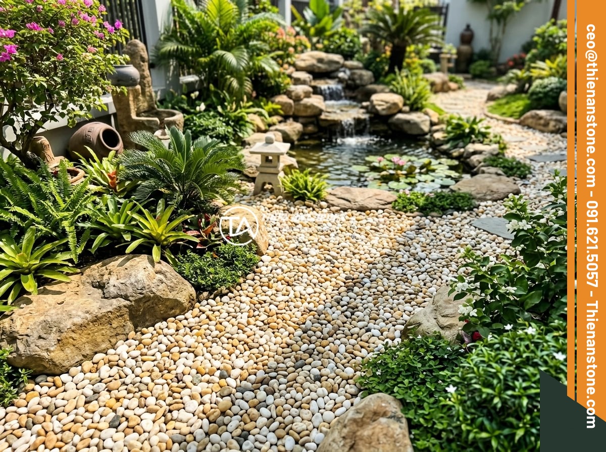 Kỹ Thuật Kết Hợp Đá Cuội Lớn Và Sỏi Rải Sân Vườn Cực Đẹp - Wide angle shot of beautiful garden benefits showing large boulders and gravel s