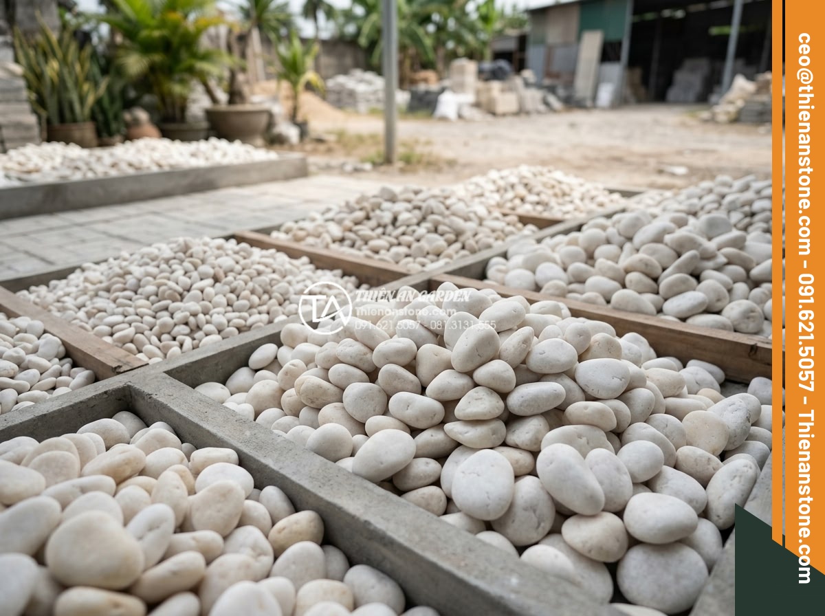 Kỹ Thuật Kết Hợp Đá Cuội Lớn Và Sỏi Rải Sân Vườn Cực Đẹp - Variety of large natural river pebbles classified by size color and origin displ