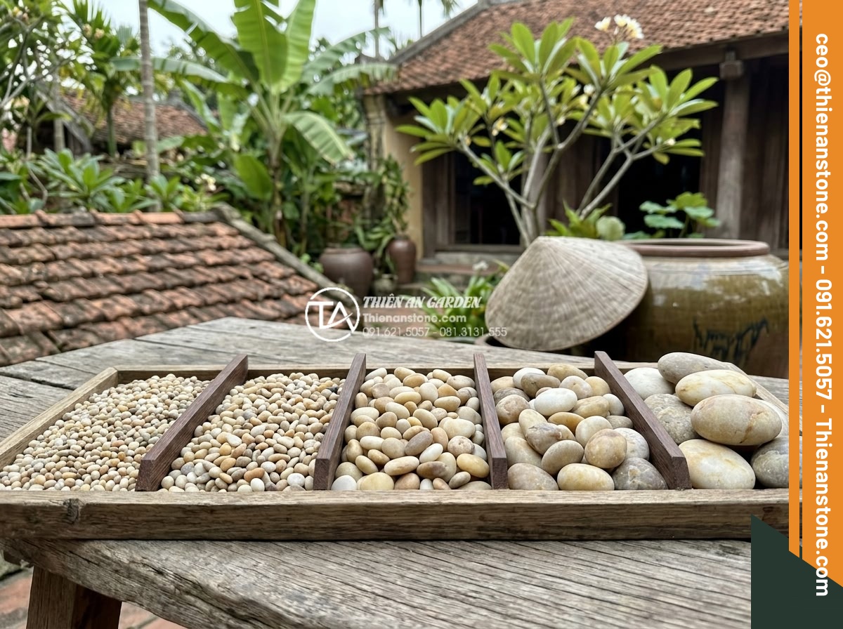 Kỹ Thuật Kết Hợp Đá Cuội Lớn Và Sỏi Rải Sân Vườn Cực Đẹp - High quality gravel pebbles selection guide showing different sizes colors and t