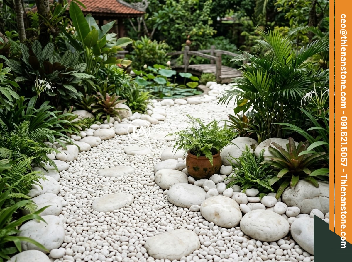 Kỹ Thuật Kết Hợp Đá Cuội Lớn Và Sỏi Rải Sân Vườn Cực Đẹp - Harmonious combination principle illustration of large pebbles and gravel in bal
