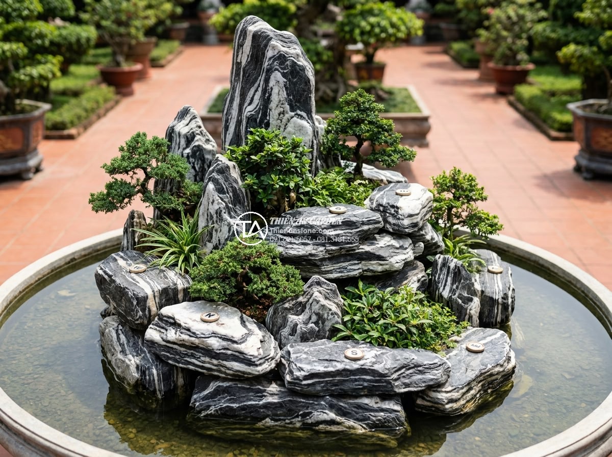 Kỹ Thuật Kết Hợp Đá Tuyết Sơn Và Cây Cảnh Trong Non Bộ - Hình 11 Kỹ Thuật Kết Hợp Đá Tuyết Sơn Và Cây Cảnh Trong Non Bộ - Feng shui layout diagram of Tuyet Son non bo with trees placed according to gold