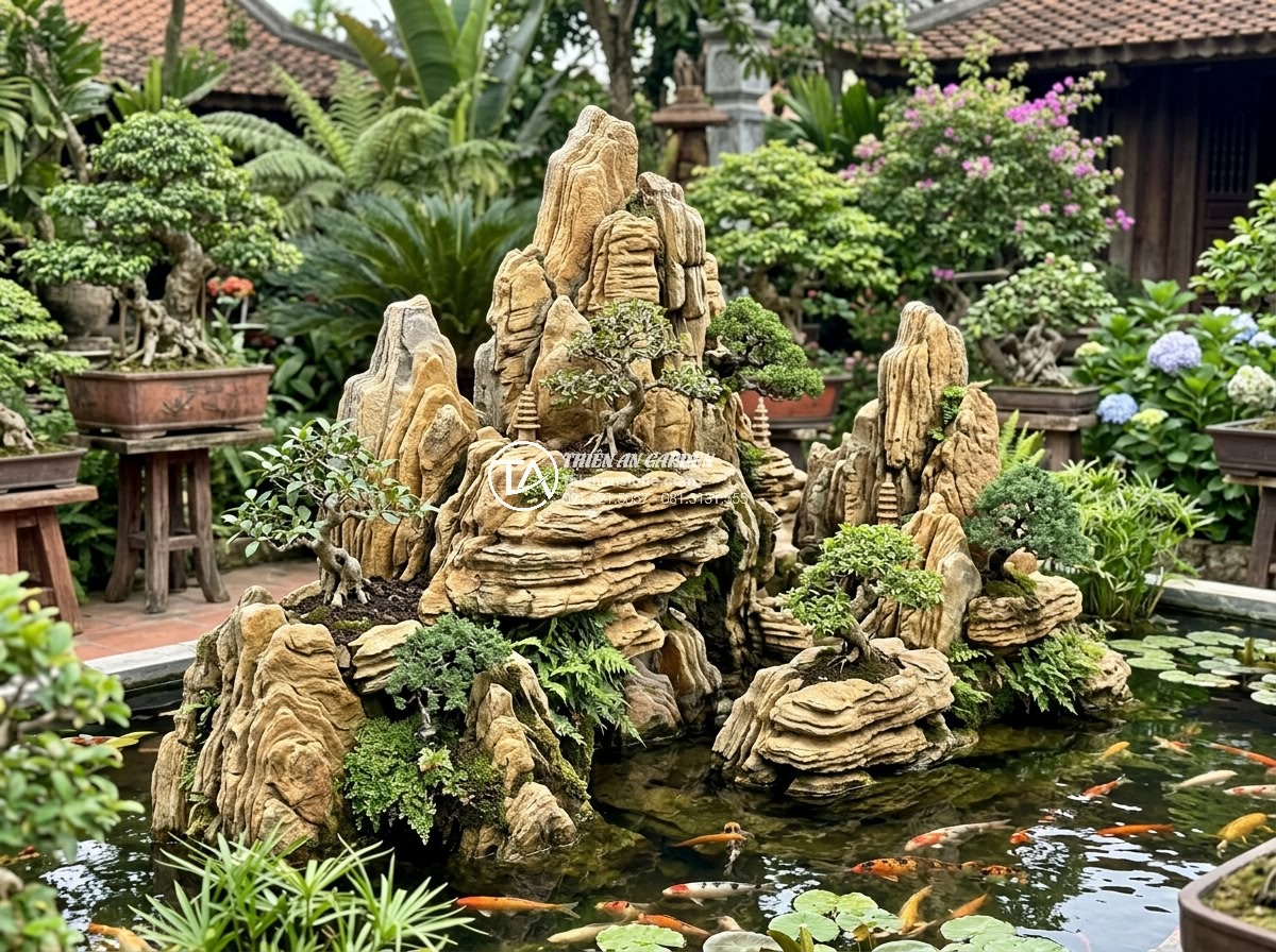 Làm Hòn Non Bộ Bằng Xốp Giả Đá: Giải Pháp Tiết Kiệm Hay Sai Lầm? - A realistic photograph of a traditional Vietnamese hòn non bộ made from natural 