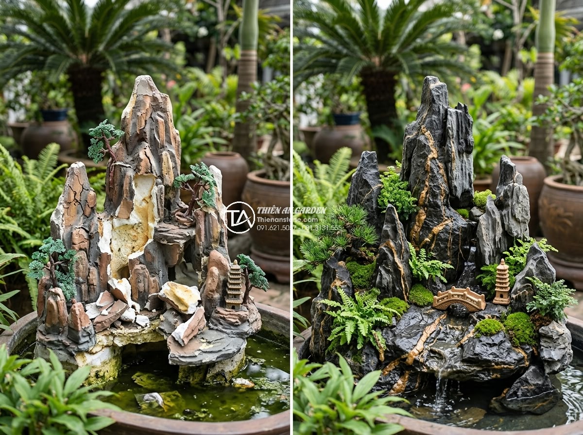 Làm Hòn Non Bộ Bằng Xốp Giả Đá: Giải Pháp Tiết Kiệm Hay Sai Lầm? - Before and after images of failed foam-based non bộ giả đá compared to well-main